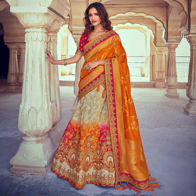 Chiku & Orange Wedding Wear Woven & Embroidered Silk Lehenga Choli