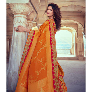 Chiku & Orange Wedding Wear Woven & Embroidered Silk Lehenga Choli
