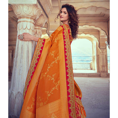 Chiku & Orange Wedding Wear Woven & Embroidered Silk Lehenga Choli