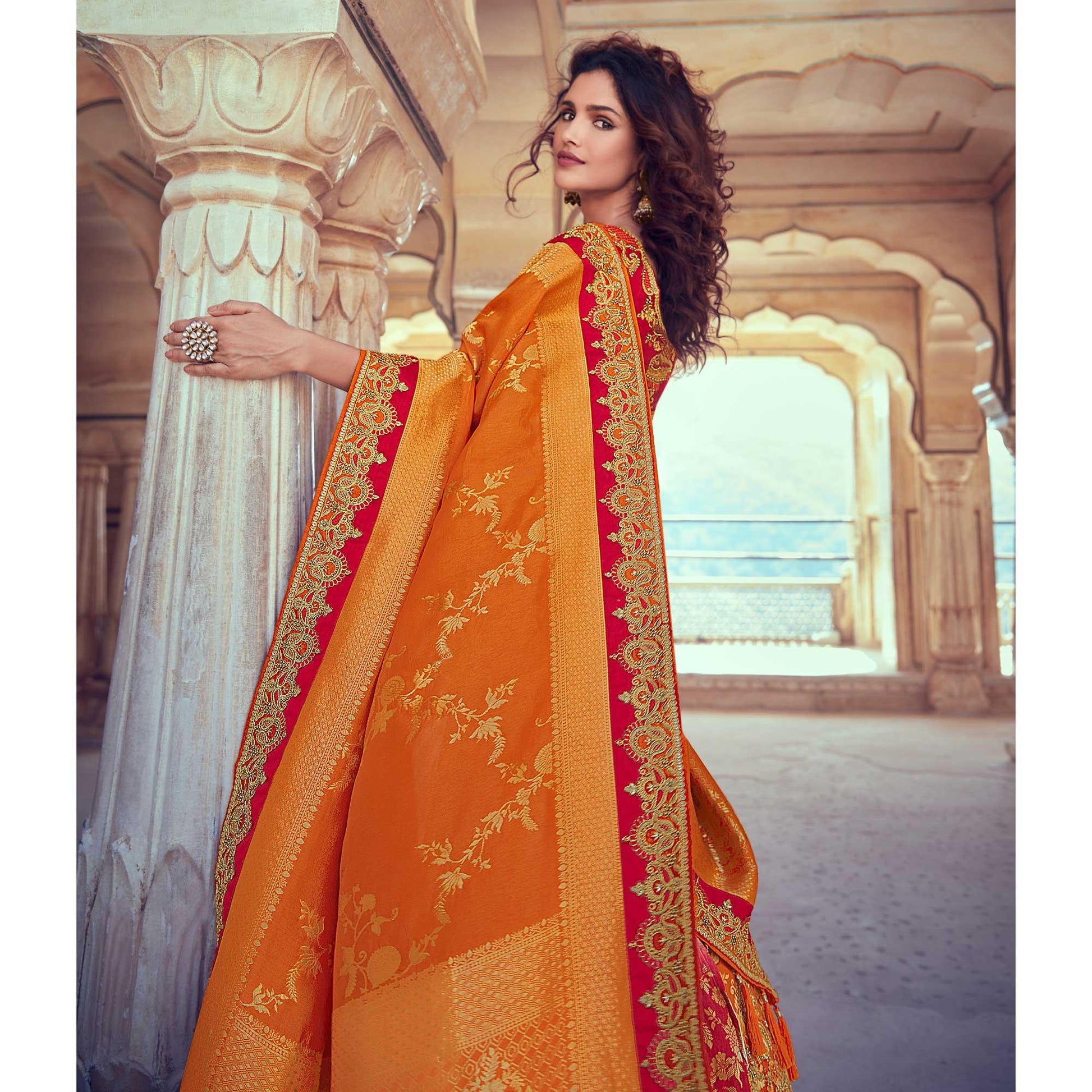 Chiku & Orange Wedding Wear Woven & Embroidered Silk Lehenga Choli