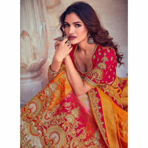 Chiku & Orange Wedding Wear Woven & Embroidered Silk Lehenga Choli