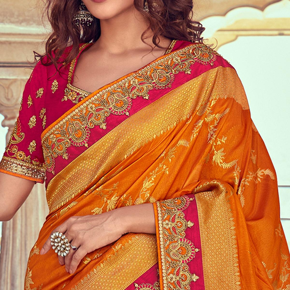 Chiku & Orange Wedding Wear Woven & Embroidered Silk Lehenga Choli