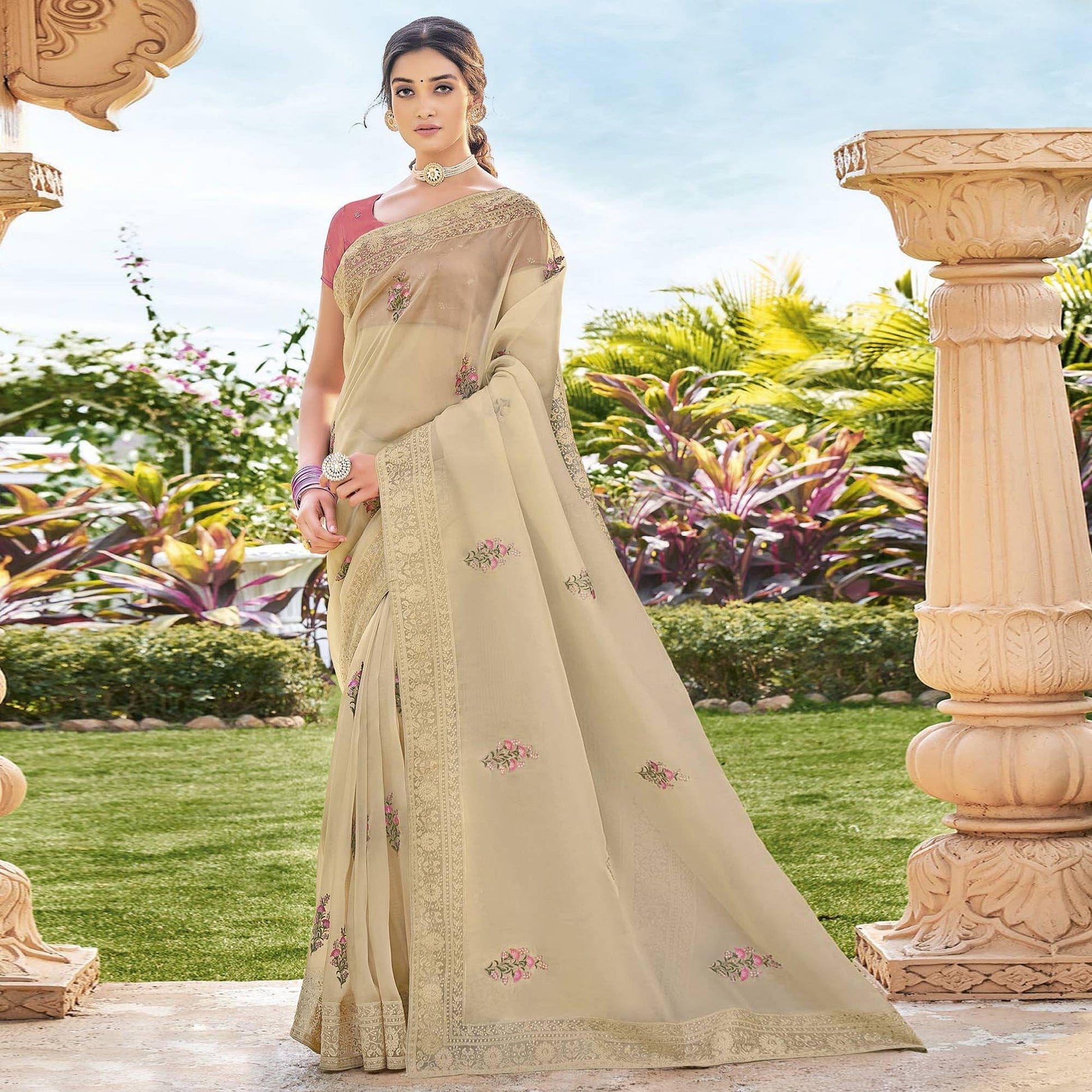 Chiku Embroidered Georgette Saree