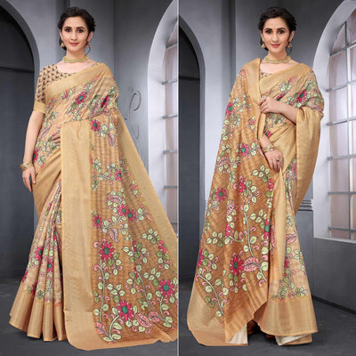 Chiku Festive Wear Floral Printed Art Silk Saree