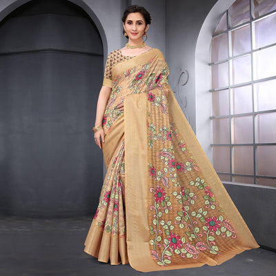 Chiku Festive Wear Floral Printed Art Silk Saree