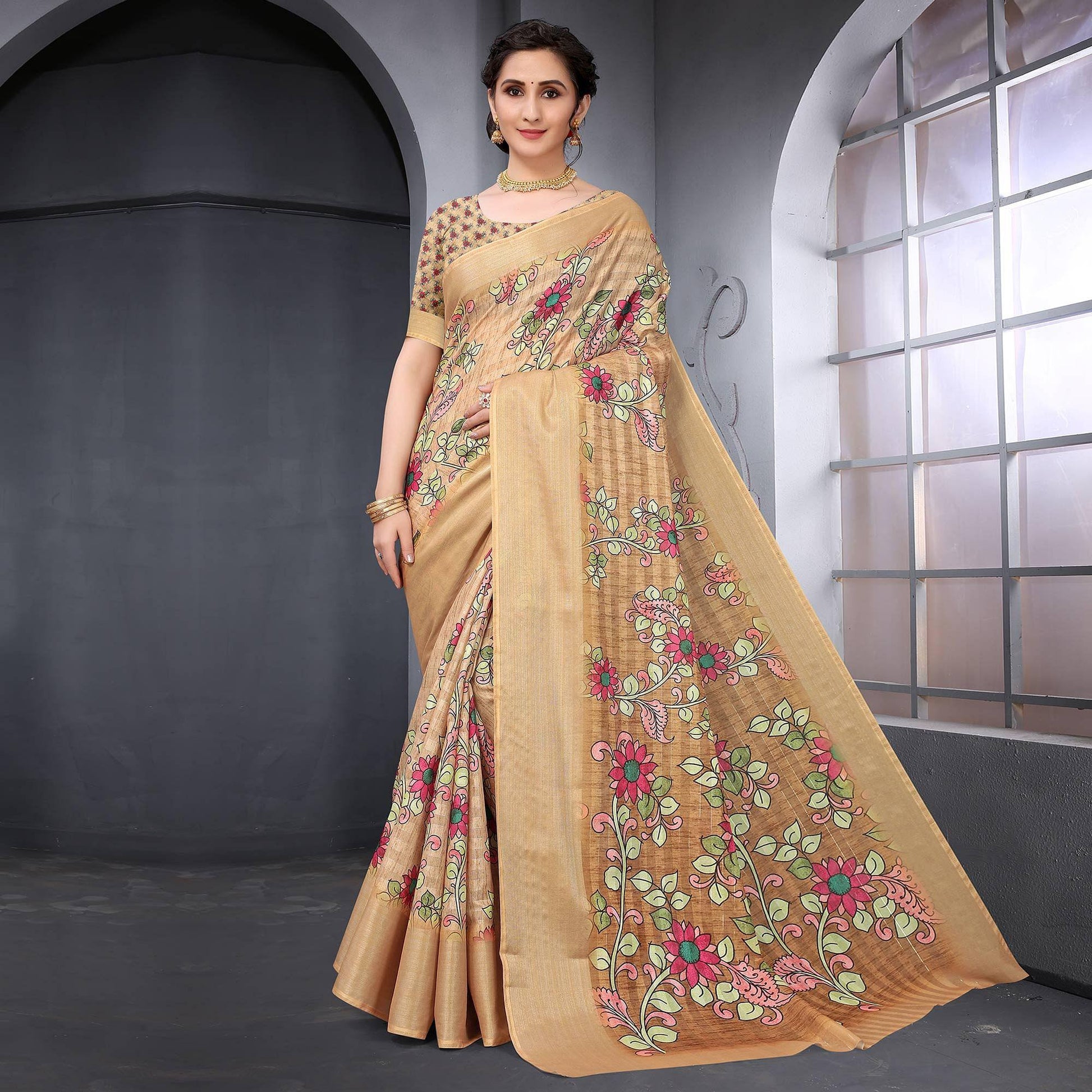 Chiku Festive Wear Floral Printed Art Silk Saree