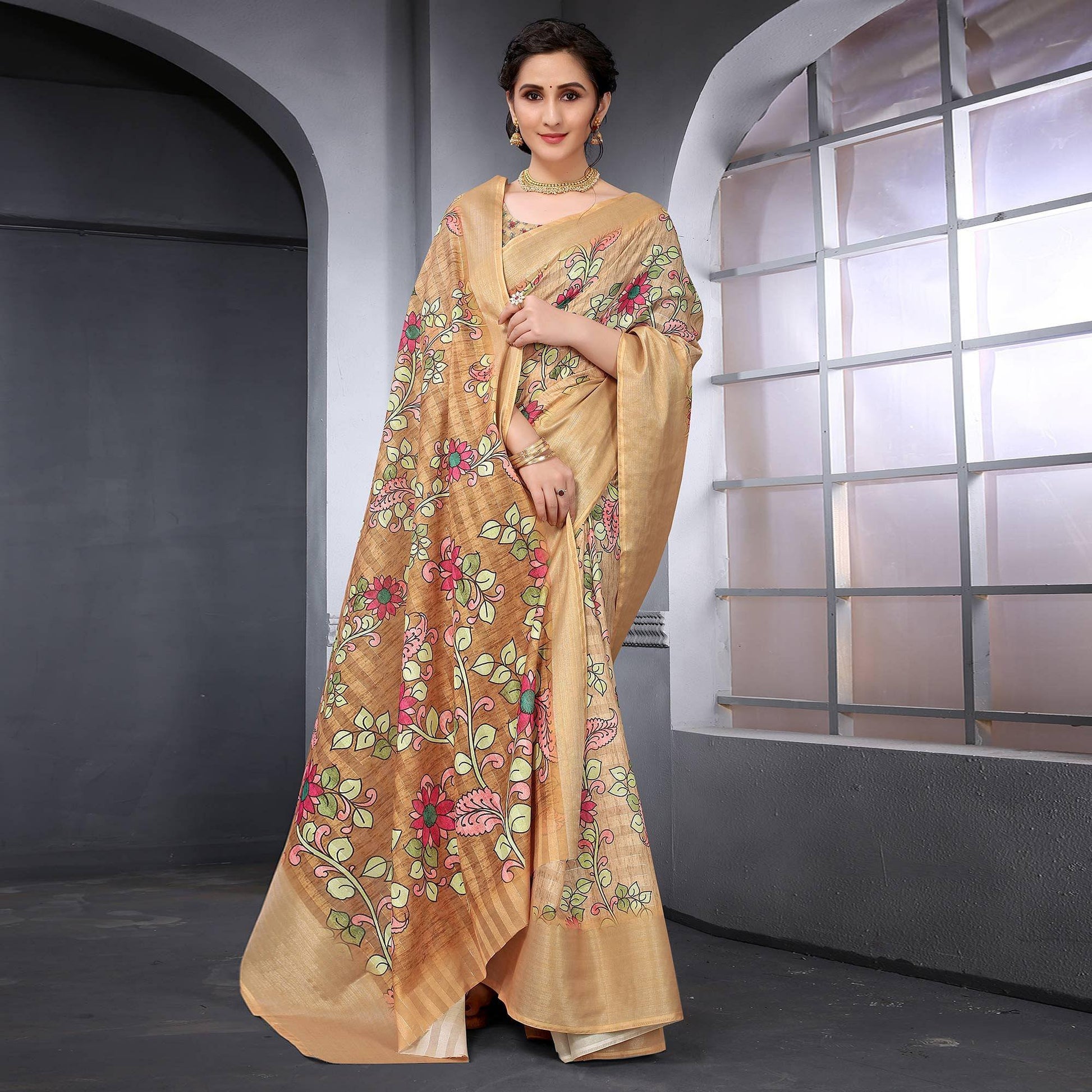 Chiku Festive Wear Floral Printed Art Silk Saree
