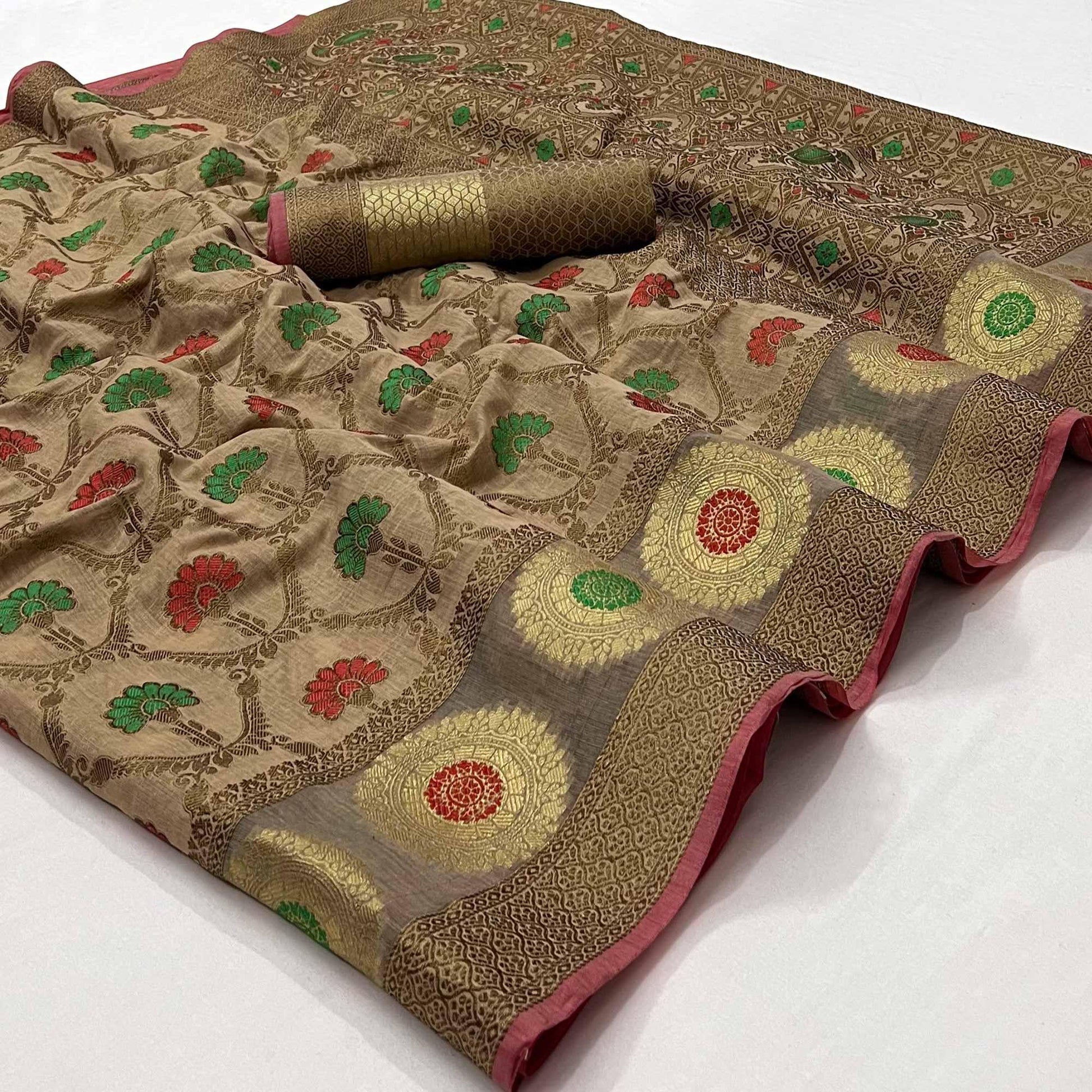 Chiku Woven Cotton Blend Saree