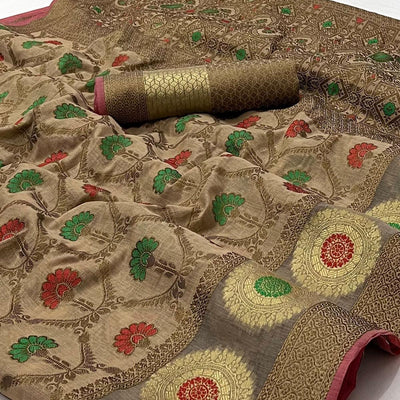 Chiku Woven Cotton Blend Saree