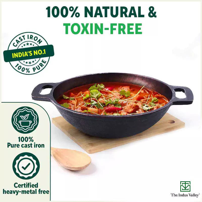 Super Smooth Cast Iron Kadai+ Free ₹110 Spatula,Pre-seasoned, Nonstick, 100% Pure, Toxin-free, 25.4cm, 2.5L, 2.4kg