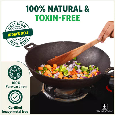 CASTrong Cast Iron Wok Kadai, Pre-seasoned, 100% Pure, Toxin-free, 31cm, 3.2L, 2.8kg