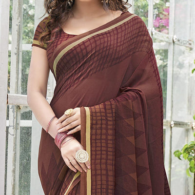 Chocolate Brown Printed Georgette Saree