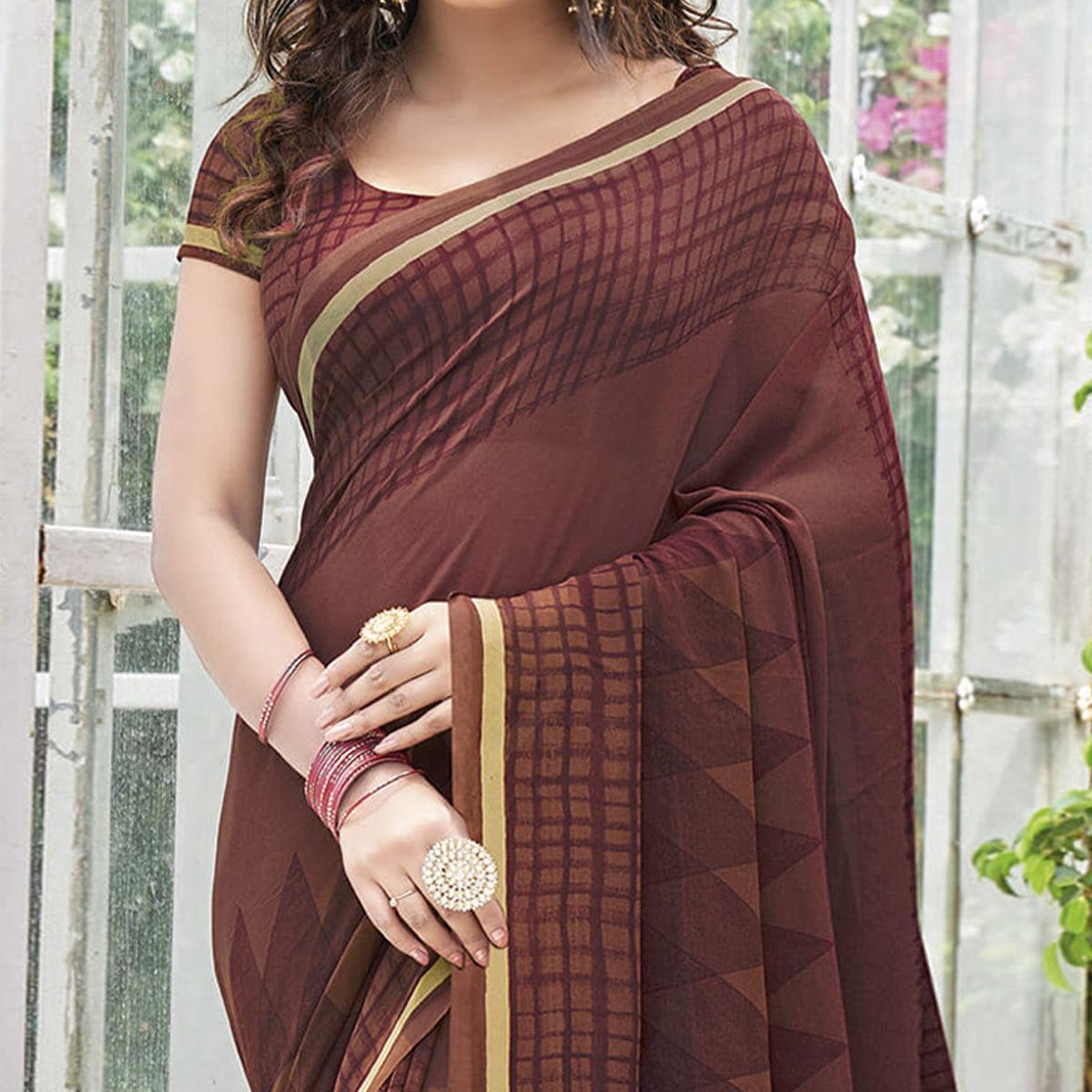Chocolate Brown Printed Georgette Saree