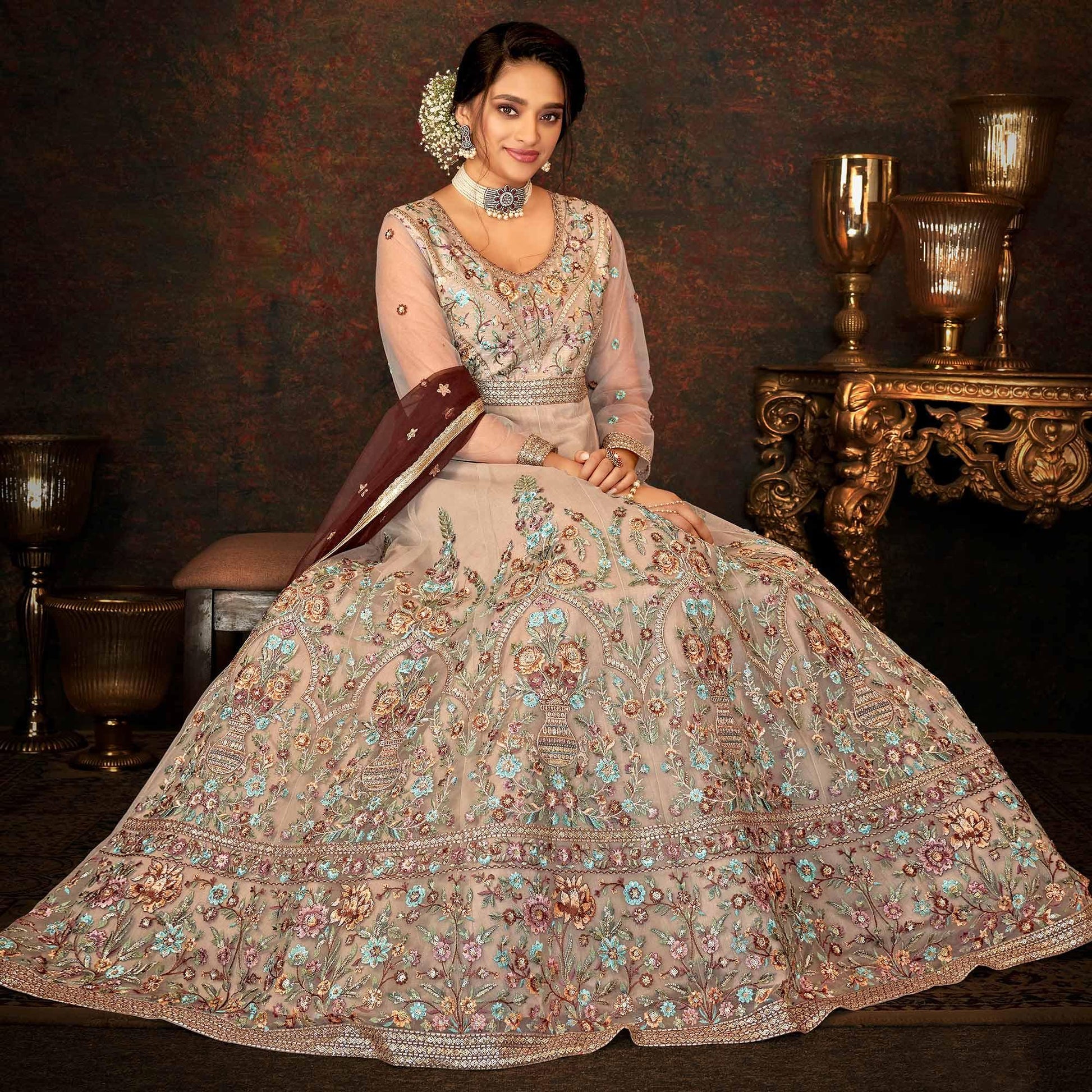 Chocolate Floral Embroidered Net Partywear Gown