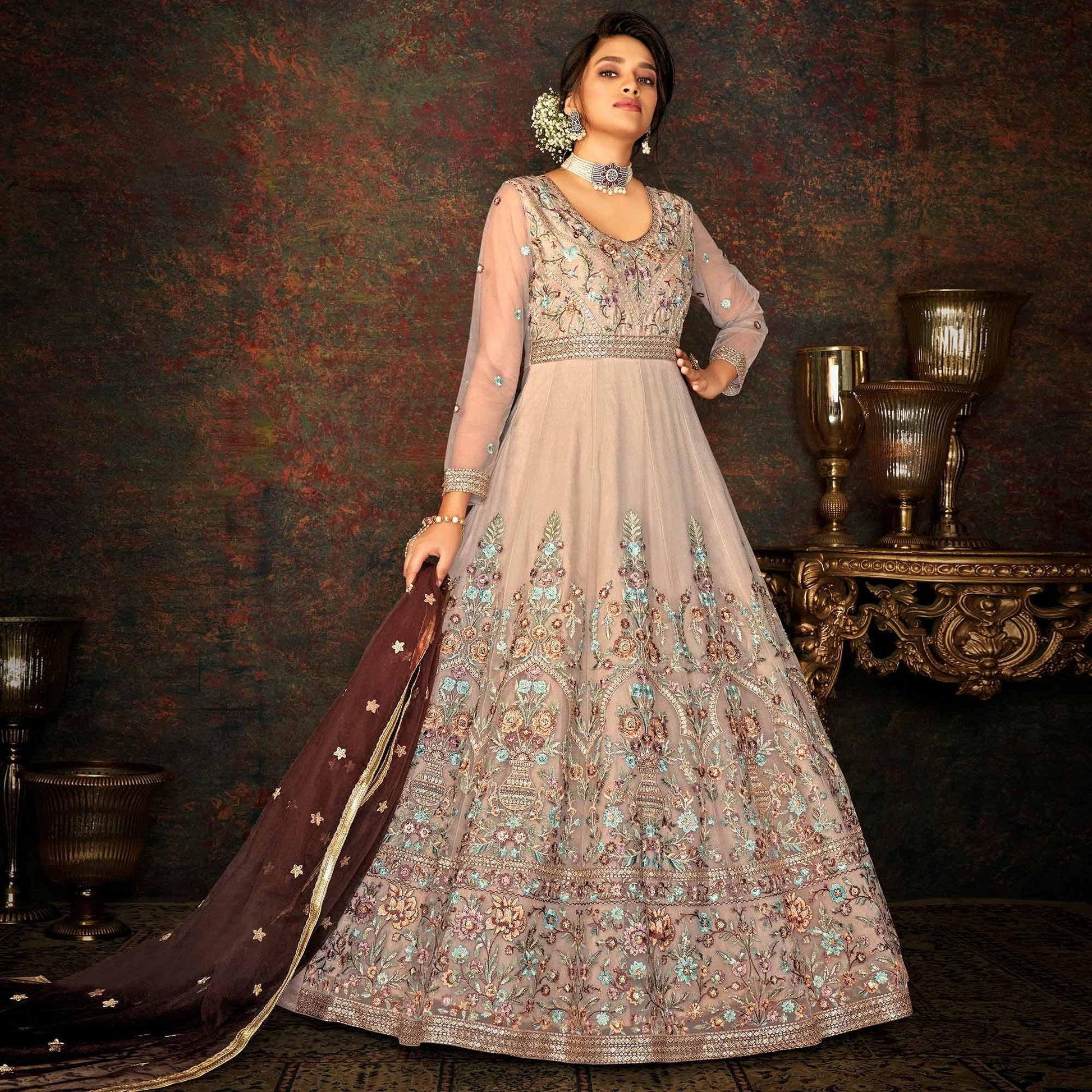 Chocolate Floral Embroidered Net Partywear Gown