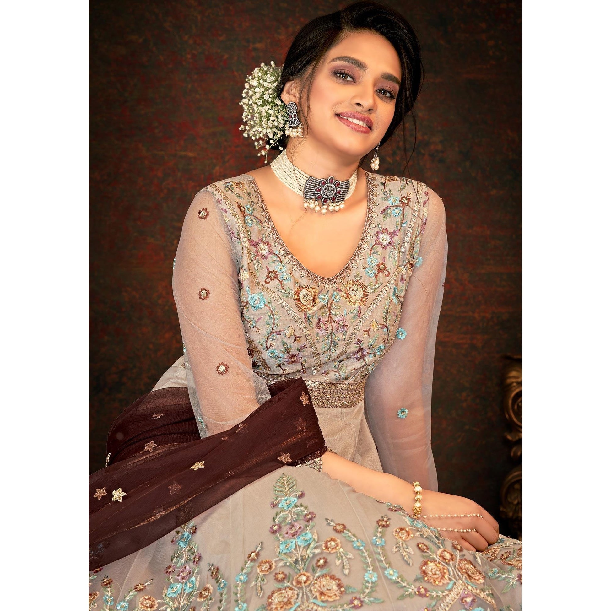 Chocolate Floral Embroidered Net Partywear Gown