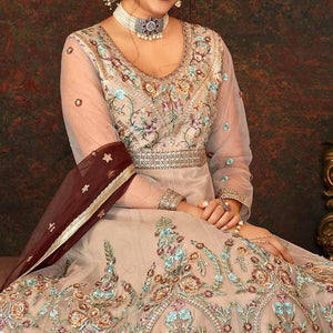 Chocolate Floral Embroidered Net Partywear Gown