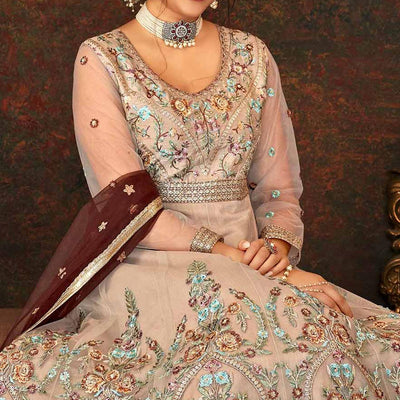 Chocolate Floral Embroidered Net Partywear Gown