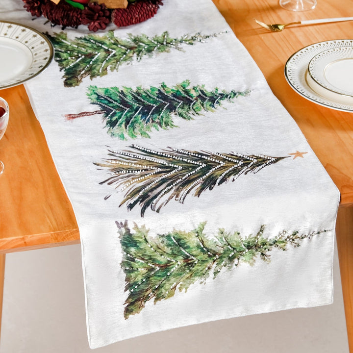 Grove Of Pine Trees Print Embellished White Dining Table Runner