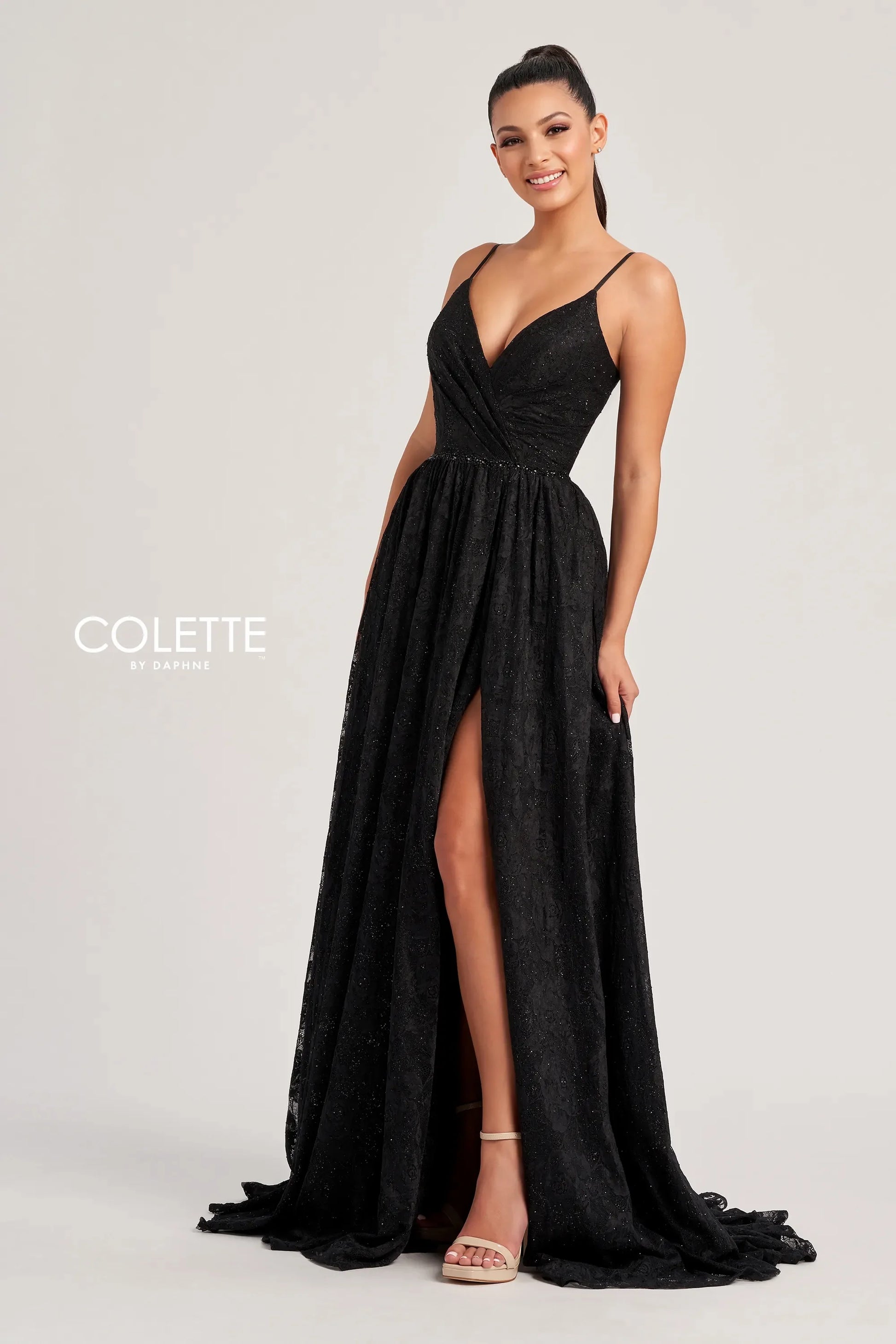 Colette by Daphne CL8010 Long Glitter A Line Slit Formal Prom Dress