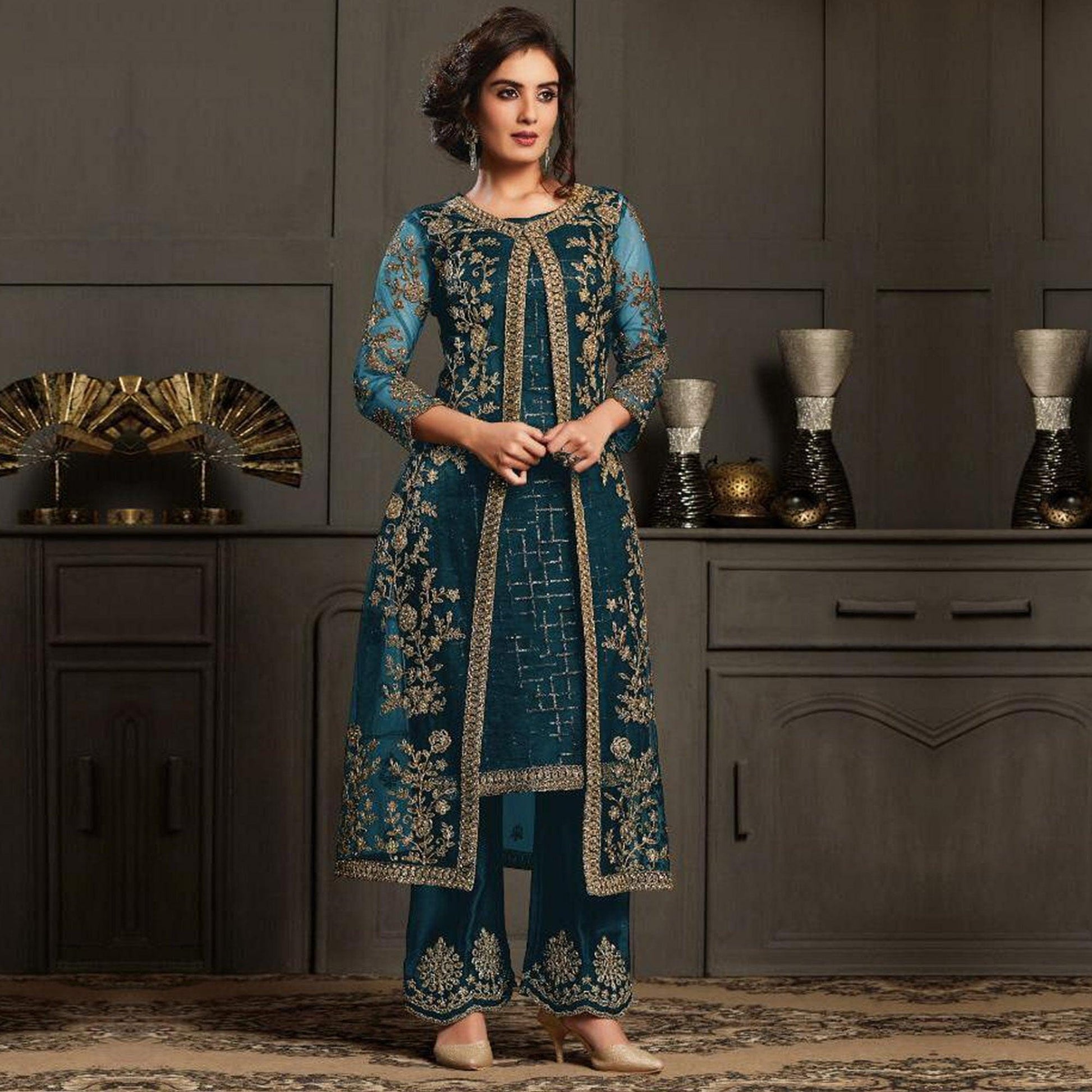 Classy Aqua Blue Coloured Party Wear Floral Embroidered Butterfly Net Pakistani Straight Suit