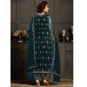 Classy Aqua Blue Coloured Party Wear Floral Embroidered Butterfly Net Pakistani Straight Suit