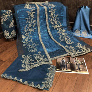 Classy Aqua Blue Coloured Party Wear Floral Embroidered Butterfly Net Pakistani Straight Suit