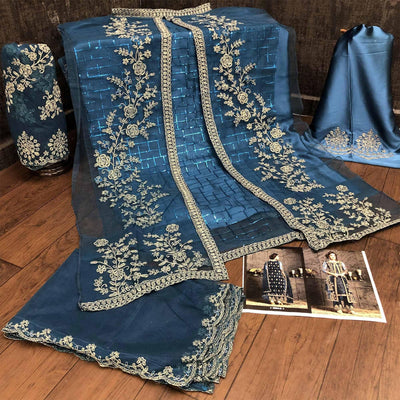 Classy Aqua Blue Coloured Party Wear Floral Embroidered Butterfly Net Pakistani Straight Suit