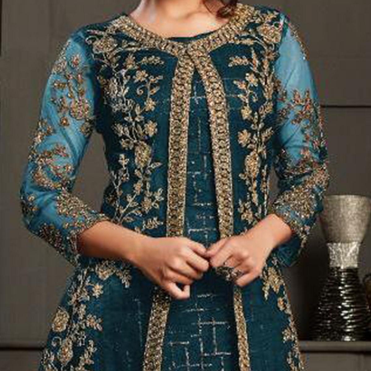 Classy Aqua Blue Coloured Party Wear Floral Embroidered Butterfly Net Pakistani Straight Suit