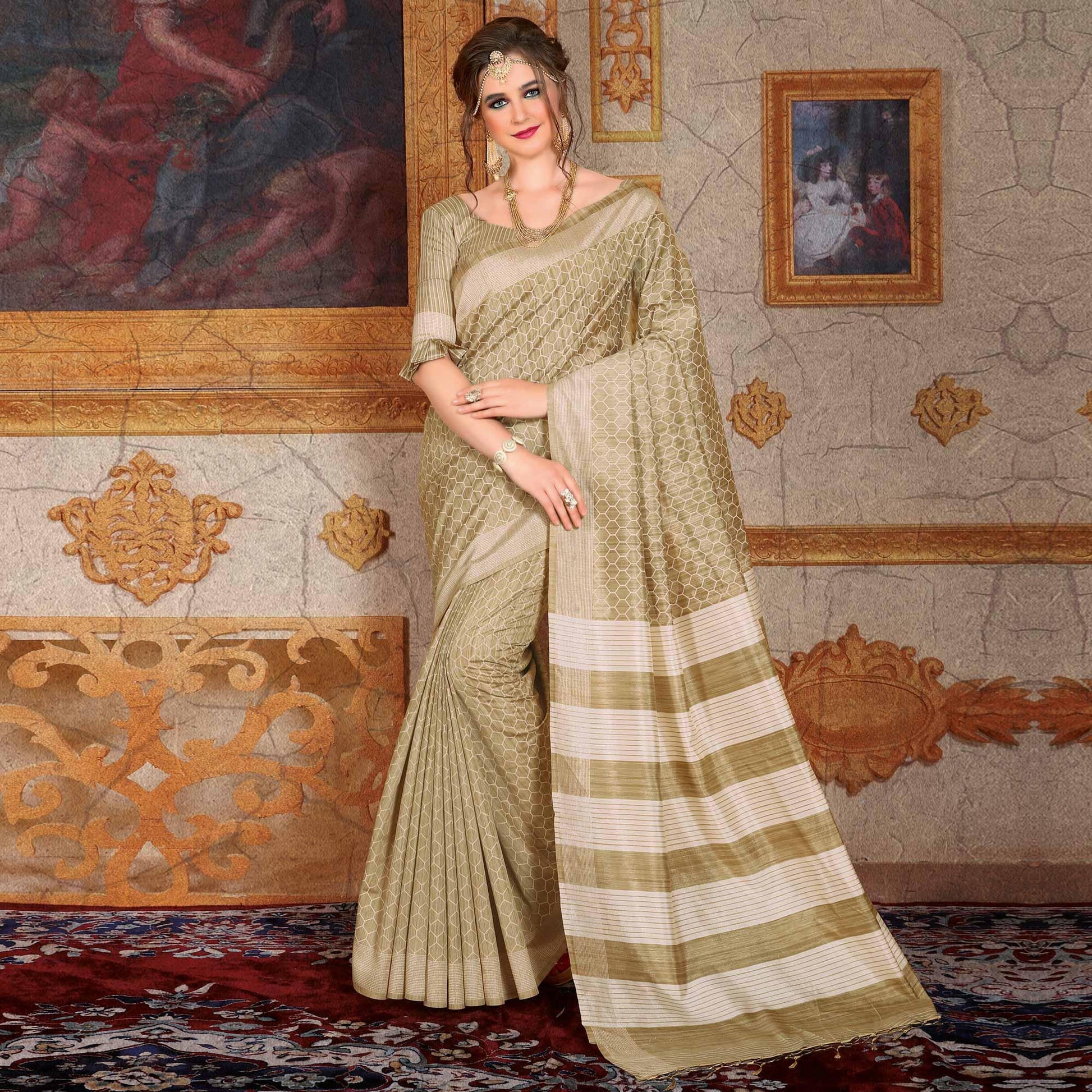 Classy Beige Colored Festive Wear Printed Bhagalpuri Silk Saree