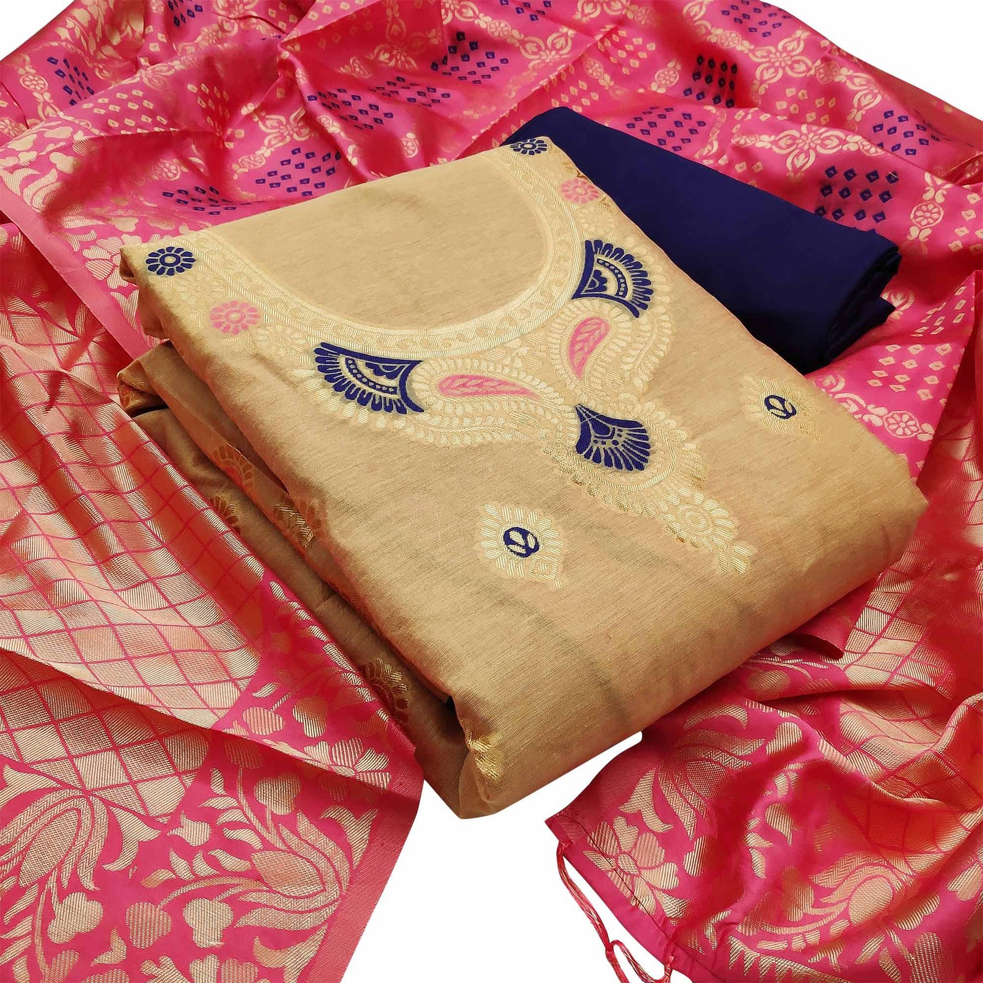 Classy Beige Colored Festive Wear Woven Banarasi Silk Dress Material