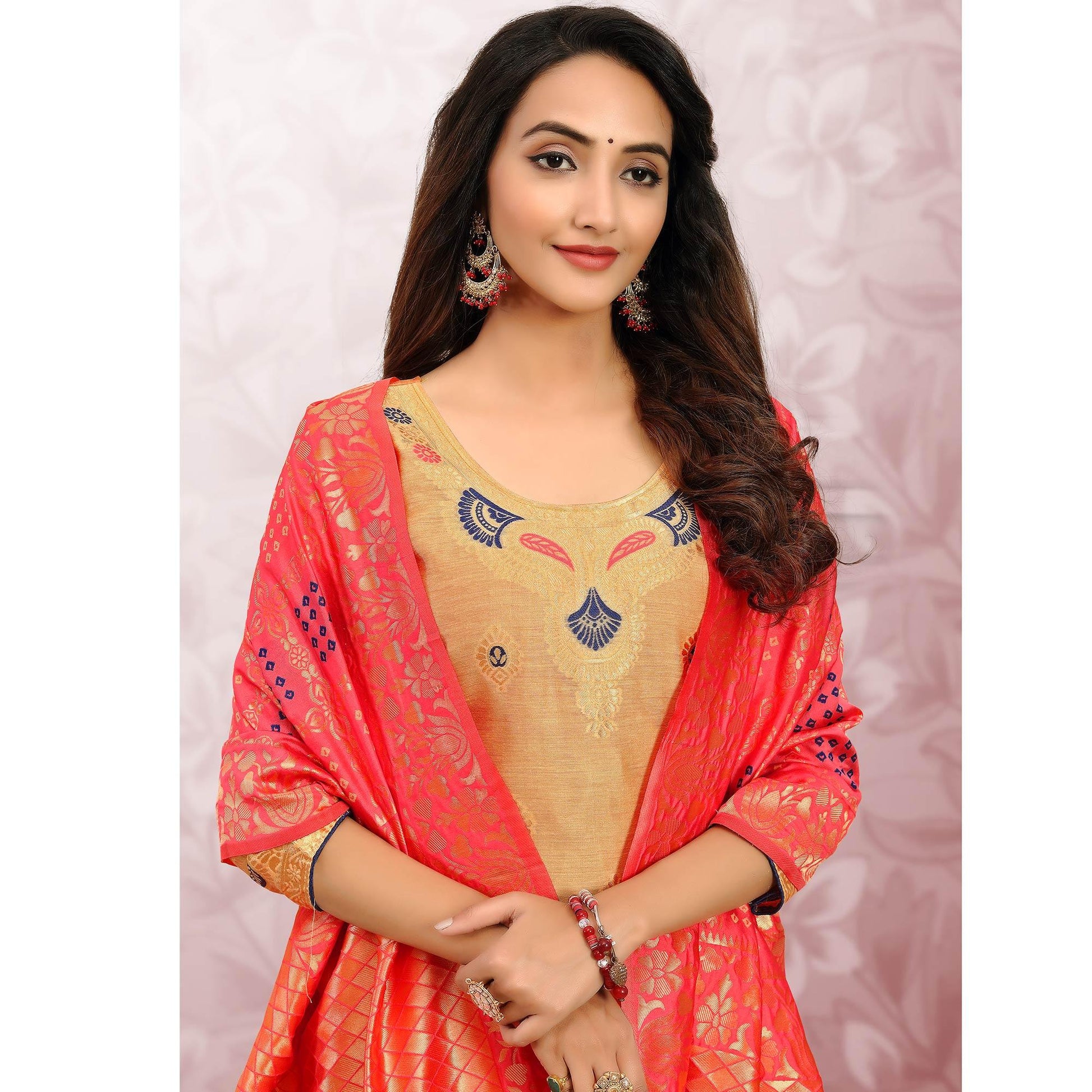 Classy Beige Colored Festive Wear Woven Banarasi Silk Dress Material