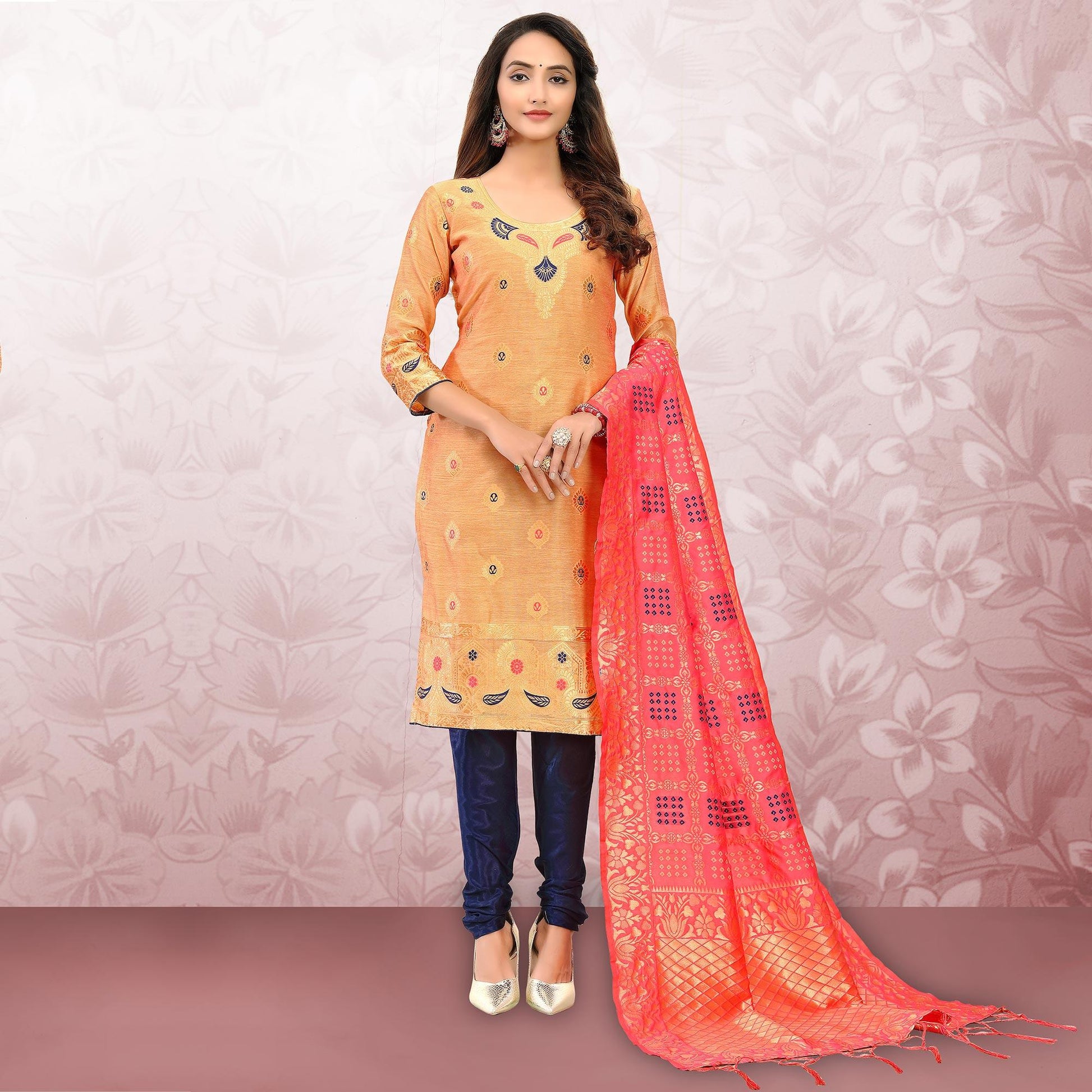 Classy Beige Colored Festive Wear Woven Banarasi Silk Dress Material