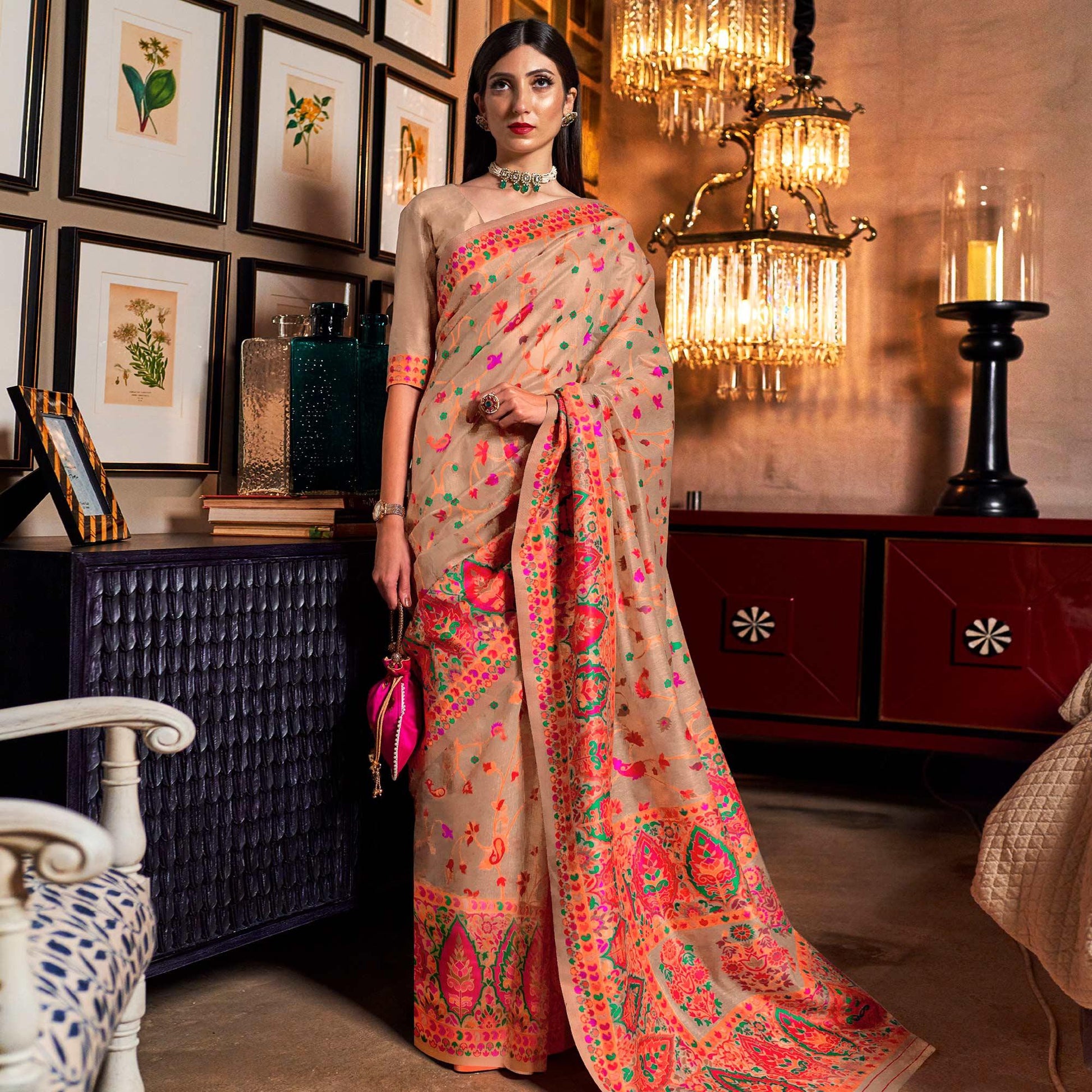 Classy Beige Colored Festive Wear Woven Chanderi Saree