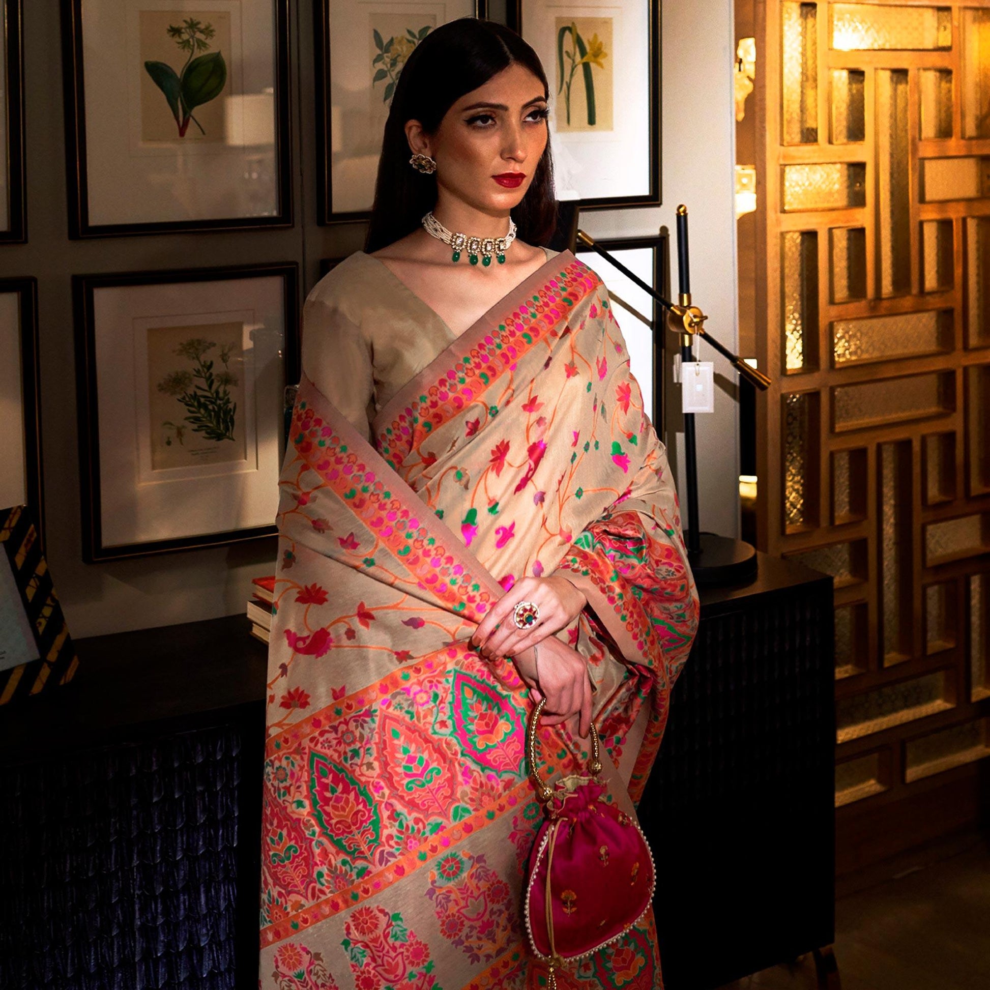 Classy Beige Colored Festive Wear Woven Chanderi Saree