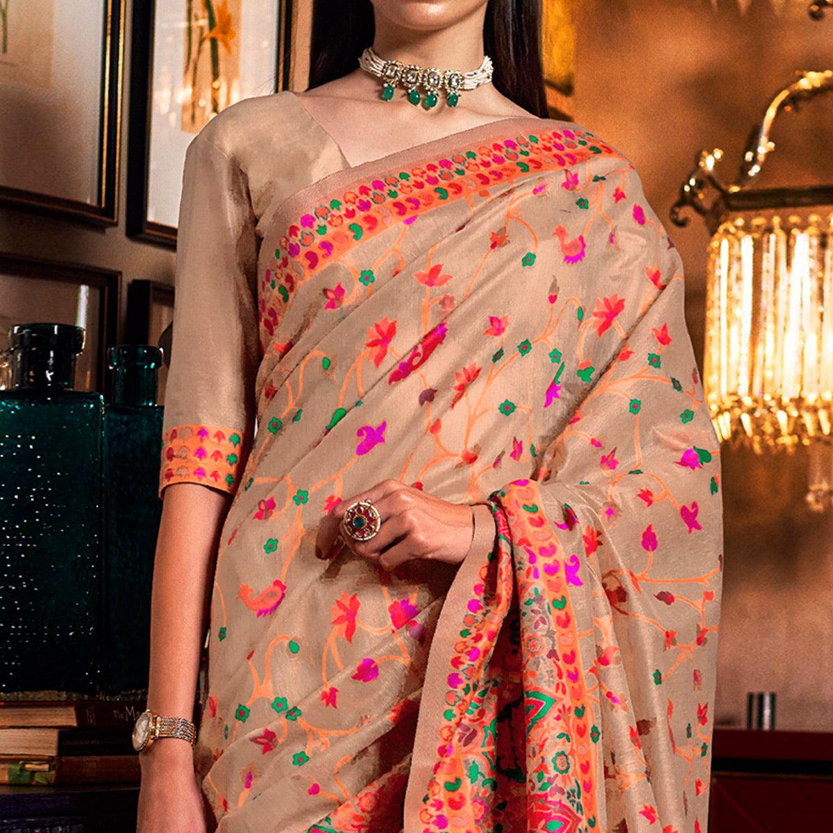Classy Beige Colored Festive Wear Woven Chanderi Saree