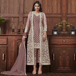 Classy Beige Coloured Partywear Embroidered Butterfly Net Pakistani Straight Suit
