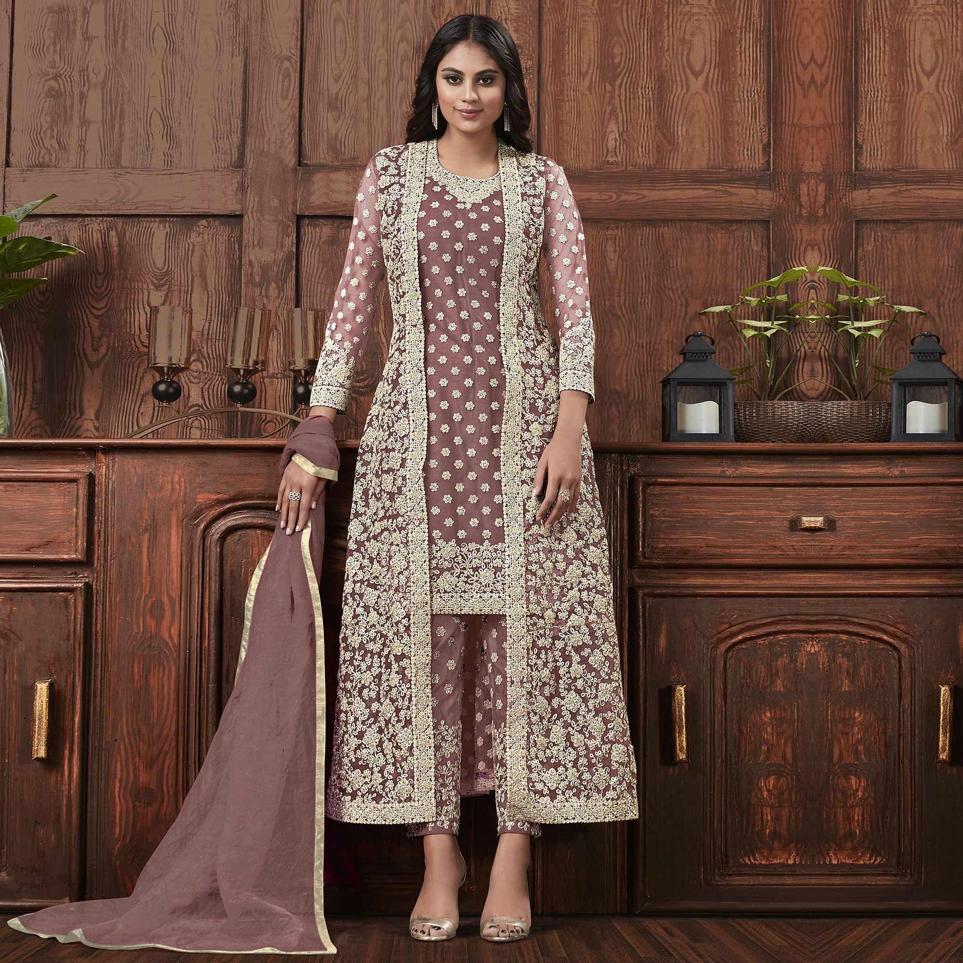Classy Beige Coloured Partywear Embroidered Butterfly Net Pakistani Straight Suit