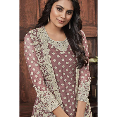 Classy Beige Coloured Partywear Embroidered Butterfly Net Pakistani Straight Suit