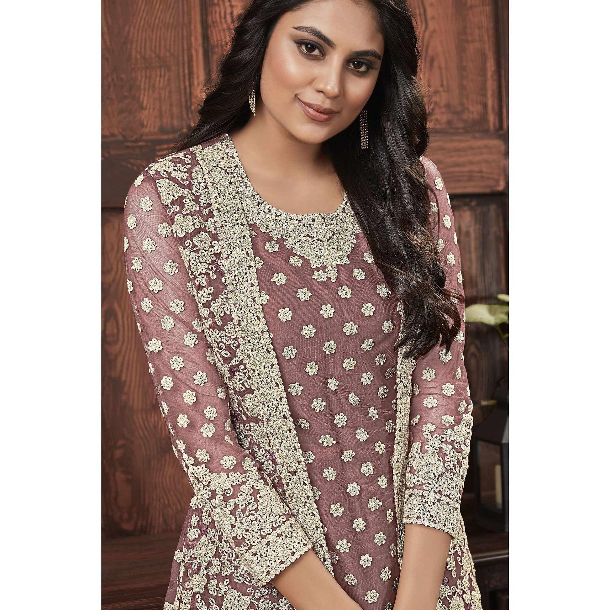 Classy Beige Coloured Partywear Embroidered Butterfly Net Pakistani Straight Suit