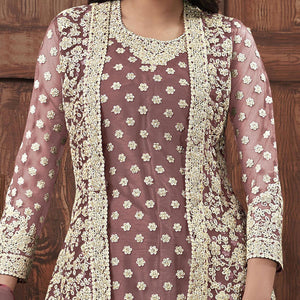 Classy Beige Coloured Partywear Embroidered Butterfly Net Pakistani Straight Suit