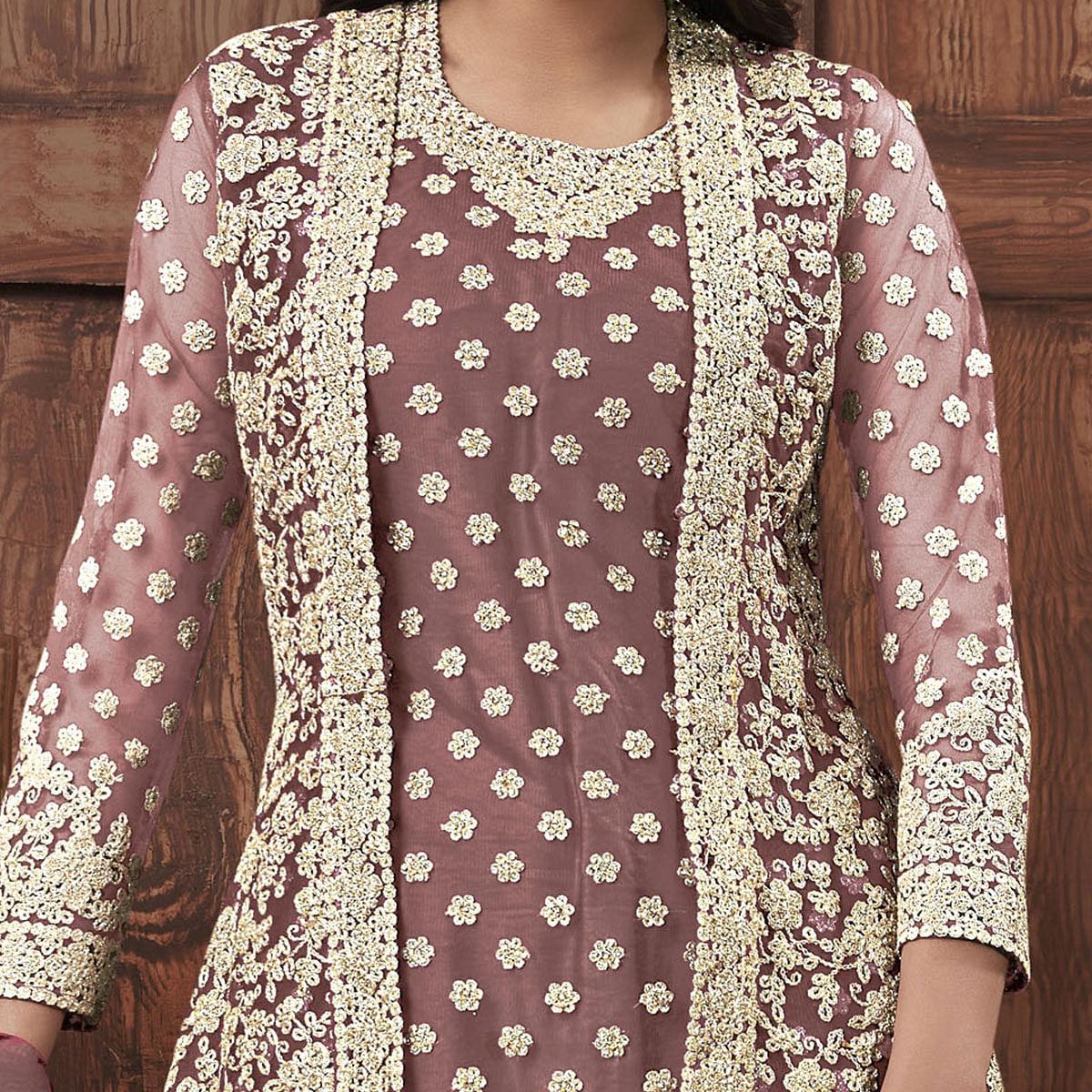 Classy Beige Coloured Partywear Embroidered Butterfly Net Pakistani Straight Suit
