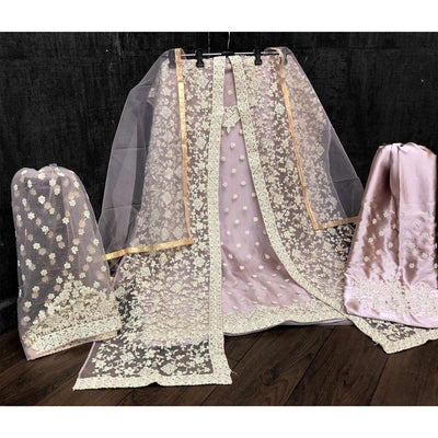 Classy Beige Coloured Partywear Embroidered Butterfly Net Pakistani Straight Suit
