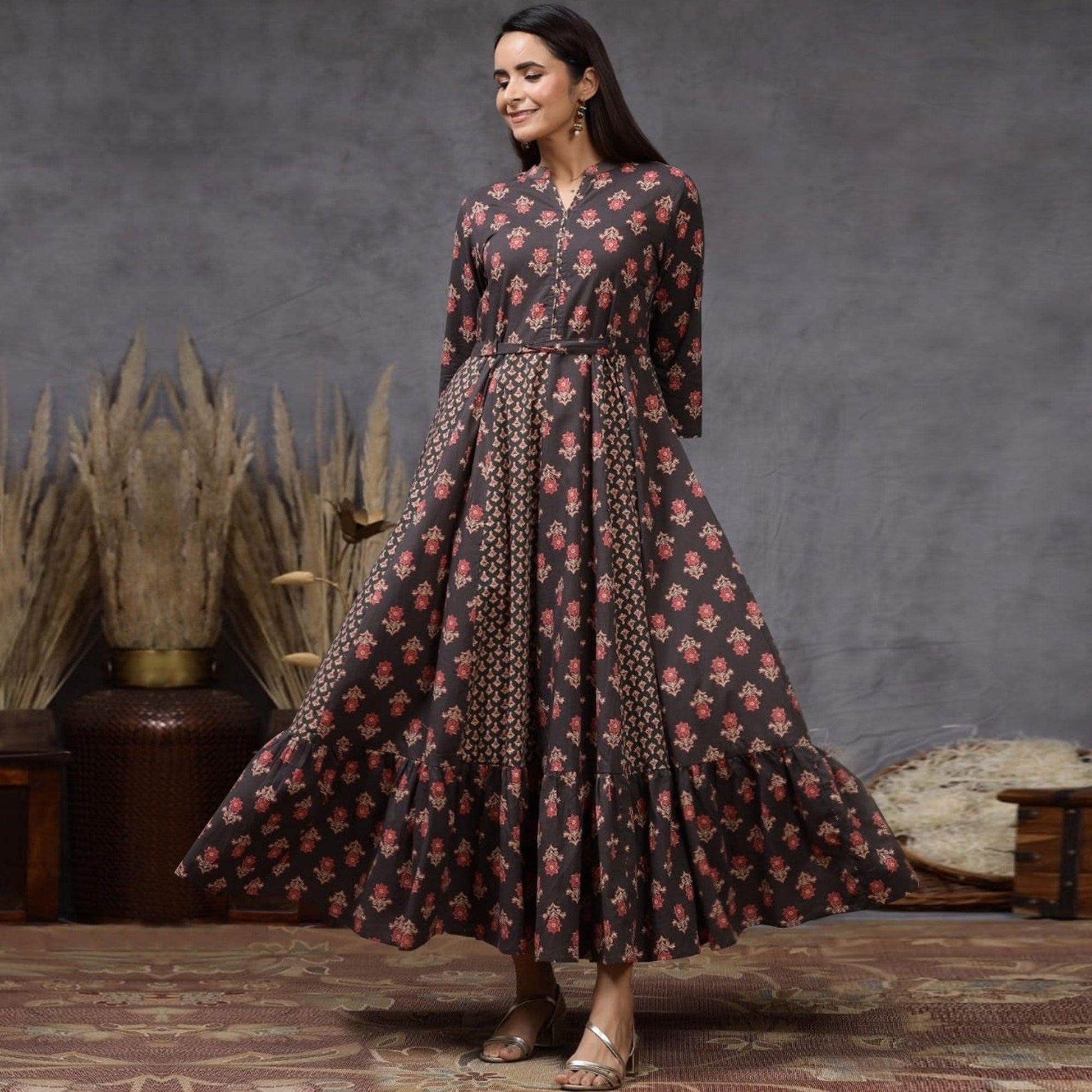 Classy Black Colored Casual Wear Printed Cotton Silk Long Kurti
