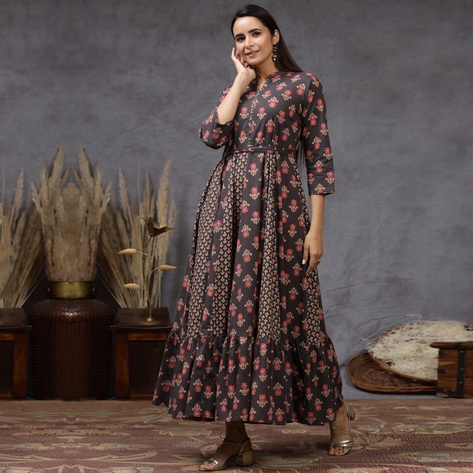 Classy Black Colored Casual Wear Printed Cotton Silk Long Kurti