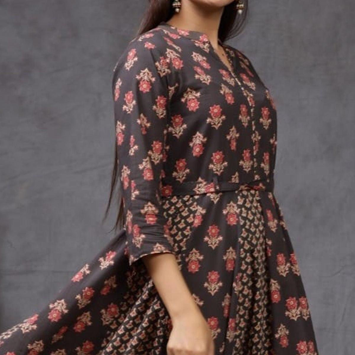 Classy Black Colored Casual Wear Printed Cotton Silk Long Kurti