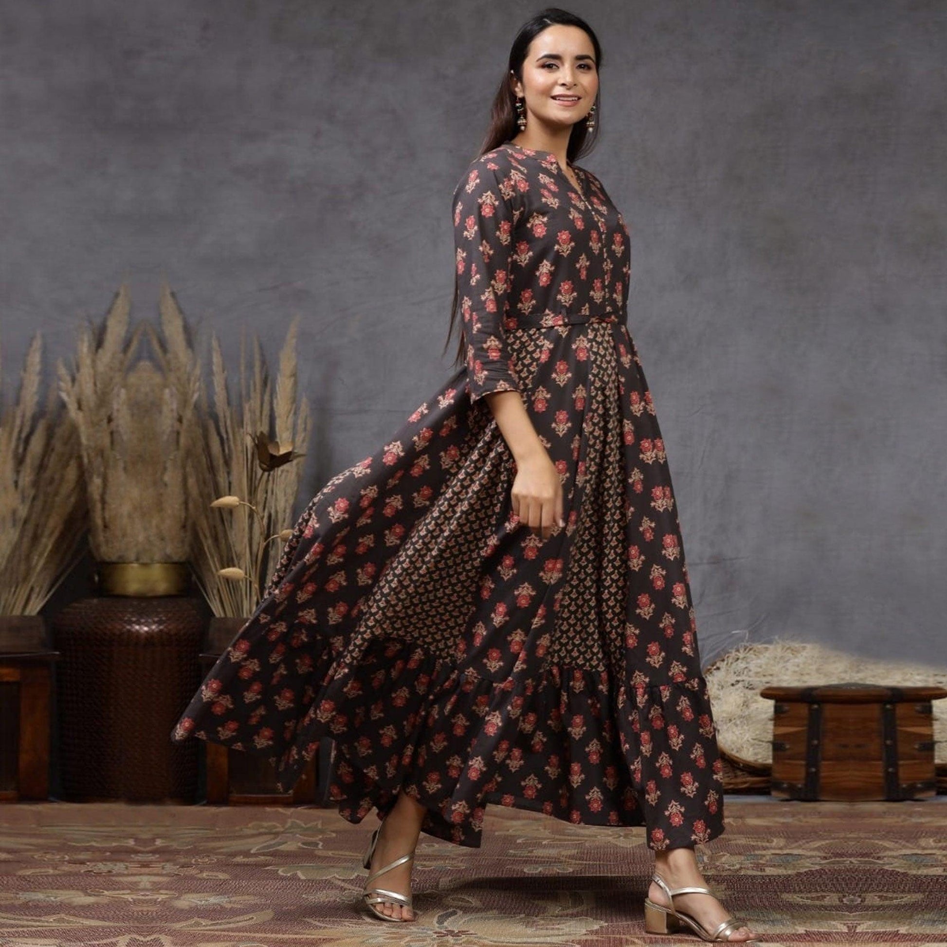 Classy Black Colored Casual Wear Printed Cotton Silk Long Kurti
