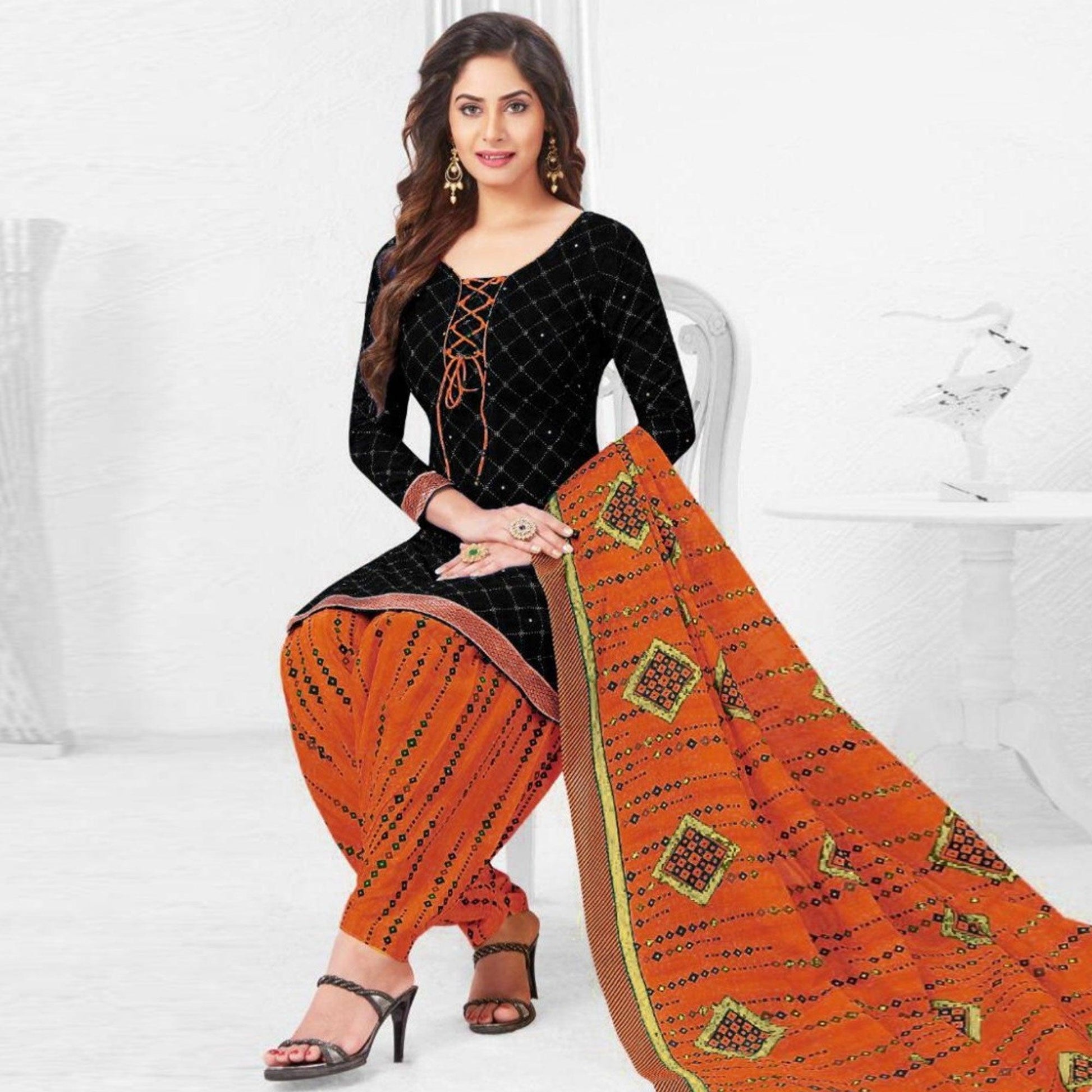 Classy Black Colored Casual Wear Printed French Crepe Patiala Dress Material