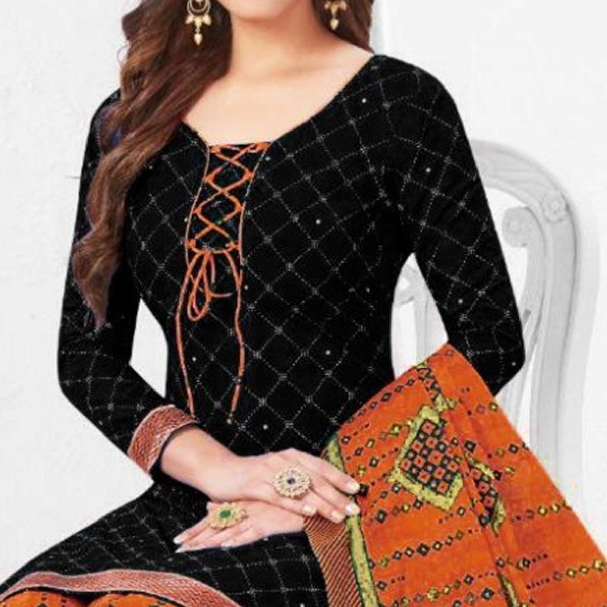 Classy Black Colored Casual Wear Printed French Crepe Patiala Dress Material