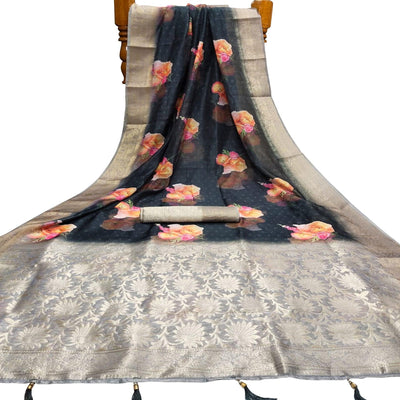 Classy Black Colored Festive Wear Digital Printed Silk Saree